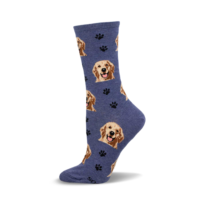 Crew socks in blue featuring a pattern of Golden Retriever faces and black paw prints. }}