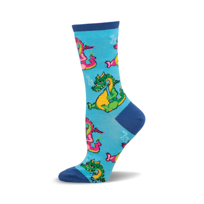 Crew socks in light blue with a pattern of cartoon dragons smoking. Dragons are green, pink, and yellow. }}