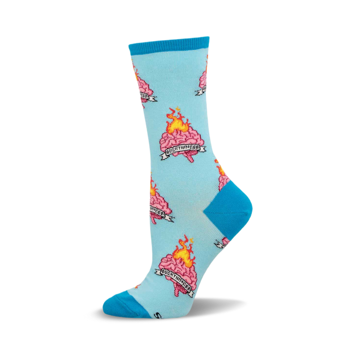 Crew socks in light blue and teal, featuring a repeating pattern of pixelated brains on fire with a banner reading 'Overthinker'. }}