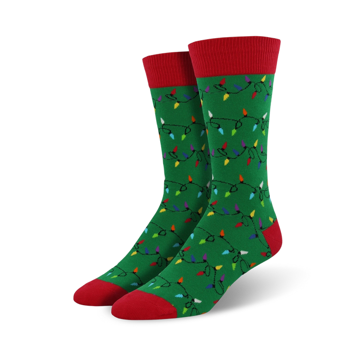 mens dark green crew socks with red toes/heels; multi-colored christmas lights   }}
