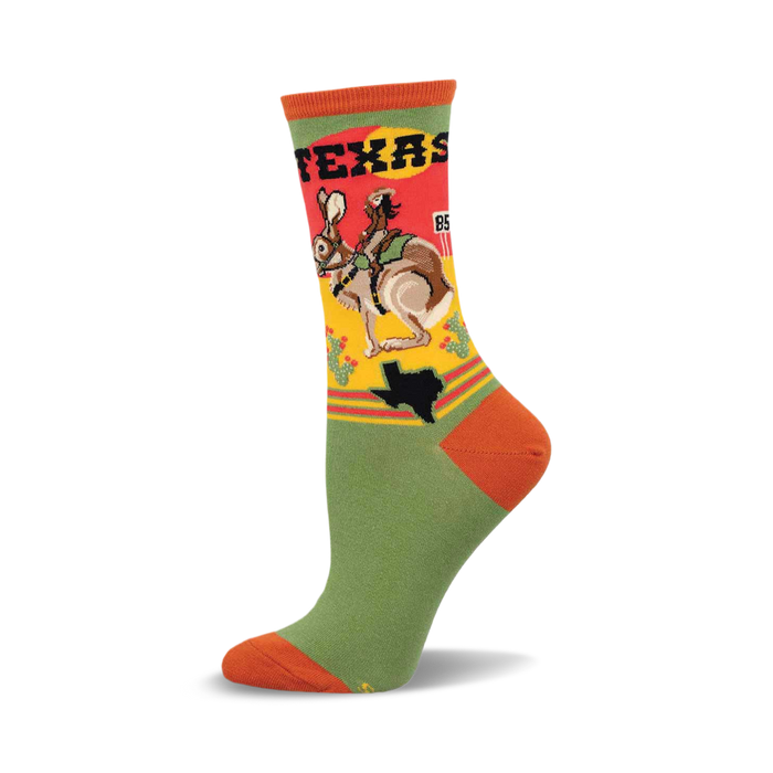 Crew socks in green, orange, and yellow, featuring a retro illustration of a woman riding a jackrabbit across the state of Texas. }}