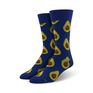 Pair of crew socks with a repeating avocado print.  The socks are available in blue and brown.