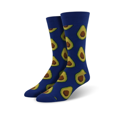 Pair of crew socks with a repeating avocado print. The socks are available in blue and brown.
