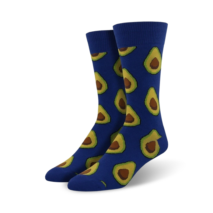 Pair of crew socks with a repeating avocado print.  The socks are available in blue and brown.