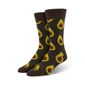 avocado pattern green yellow brown crew socks for men.  
