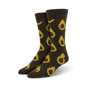 Close-up of brown crew socks with an avocado pattern, showing the fabric texture and print detail.