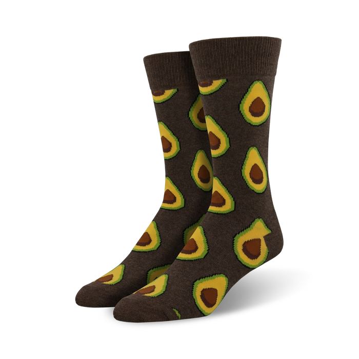 avocado pattern green yellow brown crew socks for men.  