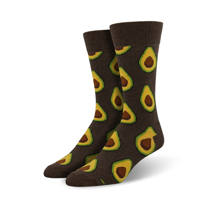 Close-up of brown crew socks with an avocado pattern, showing the fabric texture and print detail.