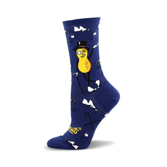 A side view of a blue crew sock featuring Mr. Peanut in a top hat and monocle.  White paper airplanes and canes decorate the sock. }}