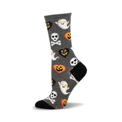 Gray crew socks with a Halloween theme. The design includes cute ghosts, jack-o'-lanterns, skulls and crossbones, and smiling pumpkin hearts.