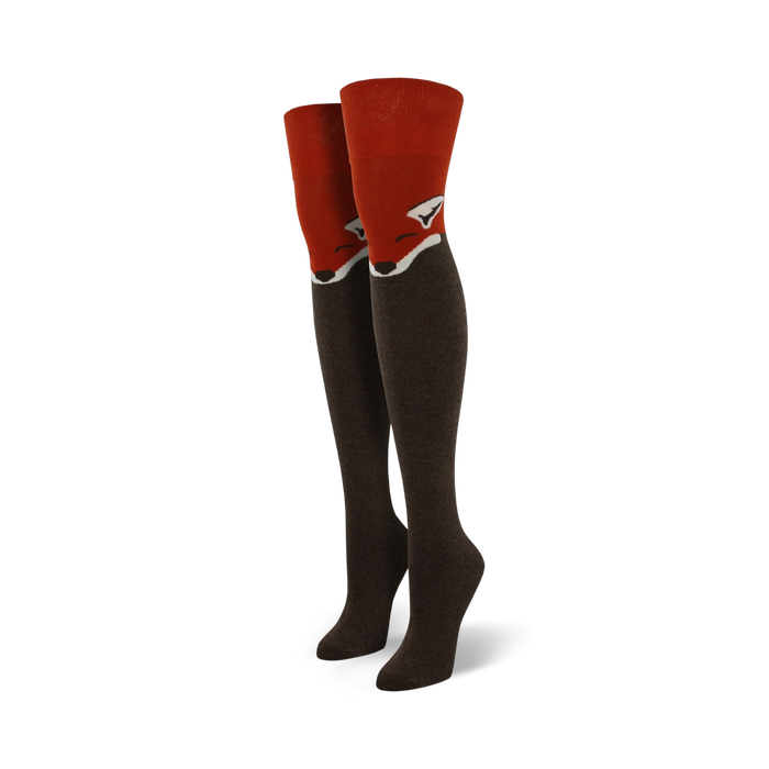 Pair of women's knee-high socks. Dark brown with a red fox face design at the top. }}