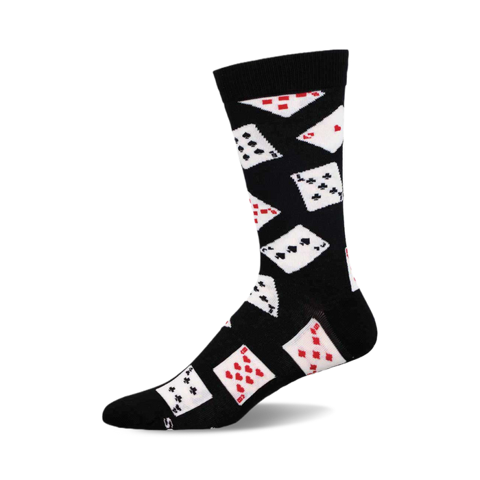 Black crew socks with a playful pattern of white playing cards in red and black suits. }}
