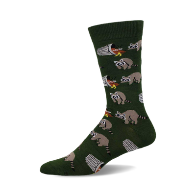 Crew socks in olive green featuring a repeating pattern of raccoons raiding trash cans. The design is playful and detailed.