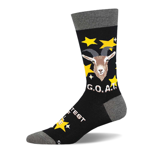 Black crew socks with grey cuffs, heels, and toes, featuring a brown goat head, yellow stars, and
