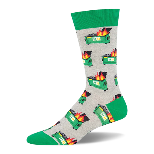 Crew sock with a pattern of green burning dumpsters on a light grey background, featuring a bright green cuff, heel, and toe. }}