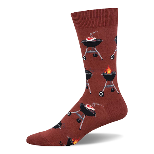 A single crew sock in reddish-brown covered in a pattern of black BBQ grills. Some grills show meat cooking; others have flames. }}