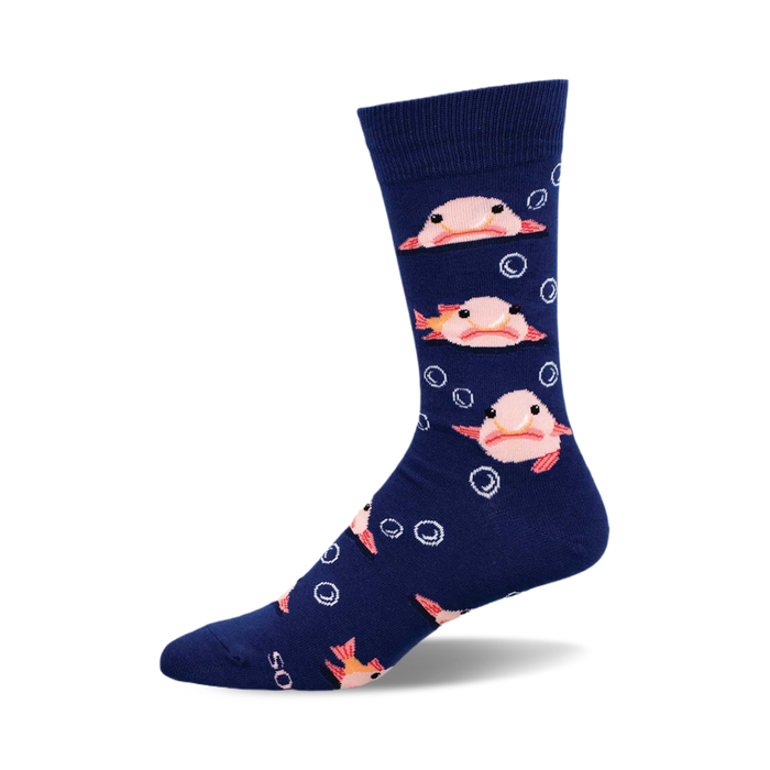 A pair of navy blue crew socks with a repeating pattern of pink blobfish and white bubbles. }}