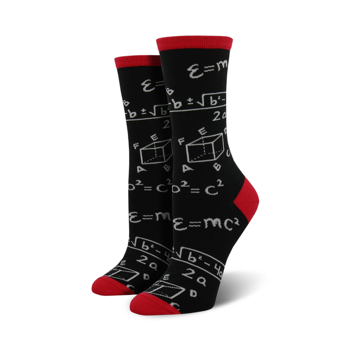 Pair of black crew socks with red cuffs. The socks are adorned with various mathematical equations and diagrams in light gray. }}