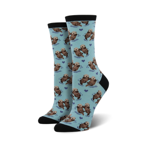 women's crew socks; significant otter themed; purple hearts; otter pattern.   