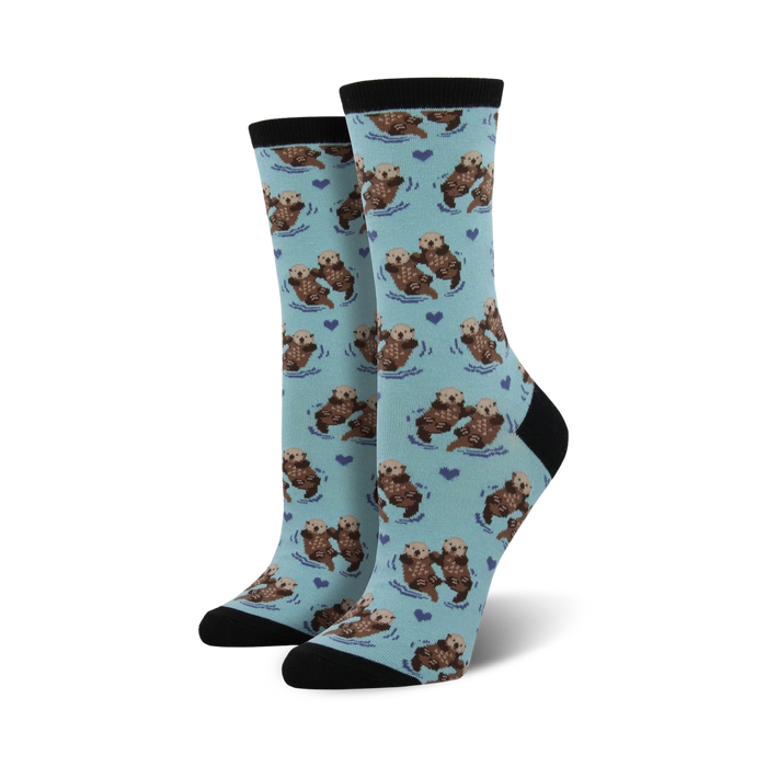 women's crew socks; significant otter themed; purple hearts; otter pattern.   