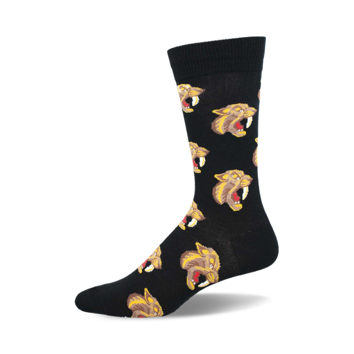 Black crew socks with a repeating pattern of snarling sabertooth tiger faces in yellow and red. }}