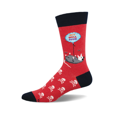 Red crew socks with a possum holding a 'Get Well Soon' balloon, skull and crossbones pattern, and navy blue cuff.