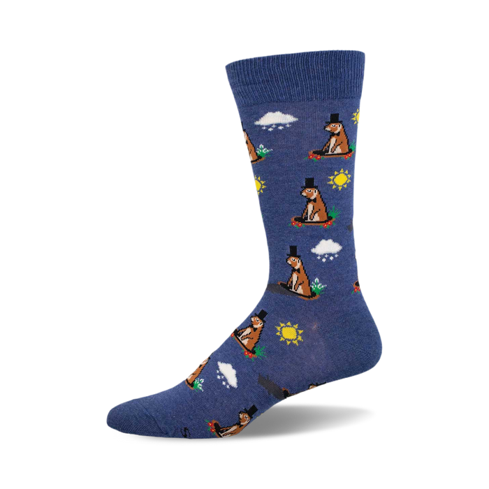 A blue crew sock featuring a repeating pattern of groundhogs in top hats, suns, and clouds.  }}