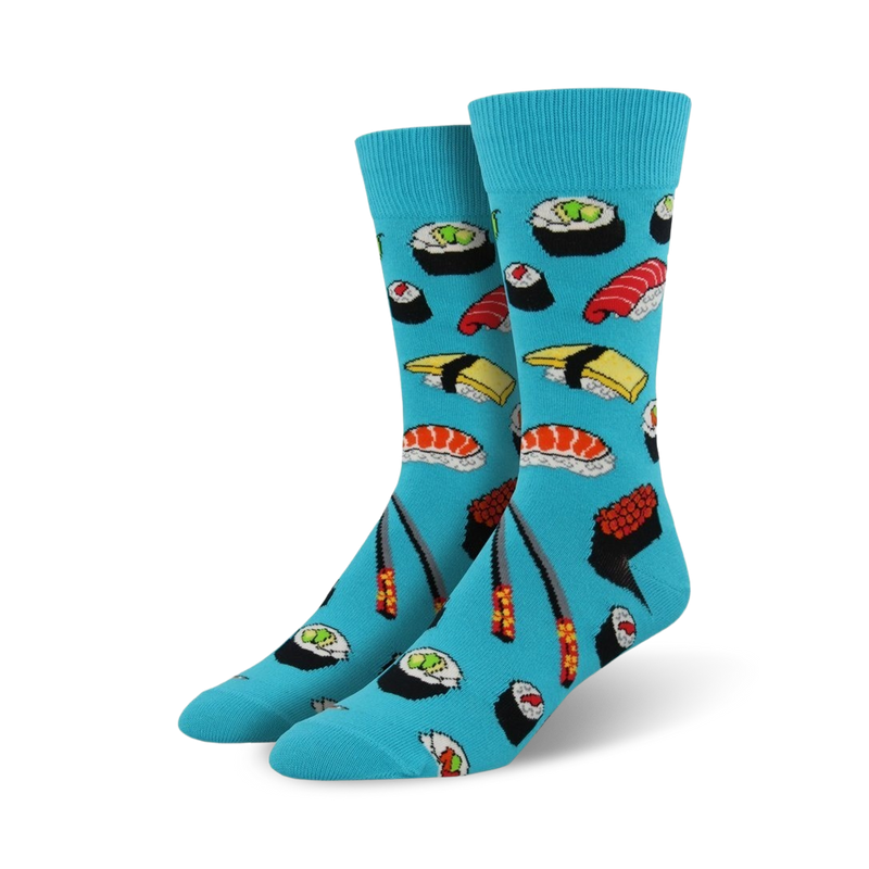 Pair of crew socks in teal, green, and black. Each features a fun sushi-themed print with different types of sushi, wasabi, and chopsticks.