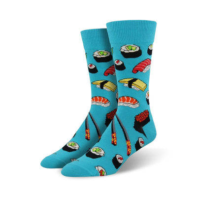 Pair of crew socks in teal, green, and black. Each features a fun sushi-themed print with different types of sushi, wasabi, and chopsticks.
