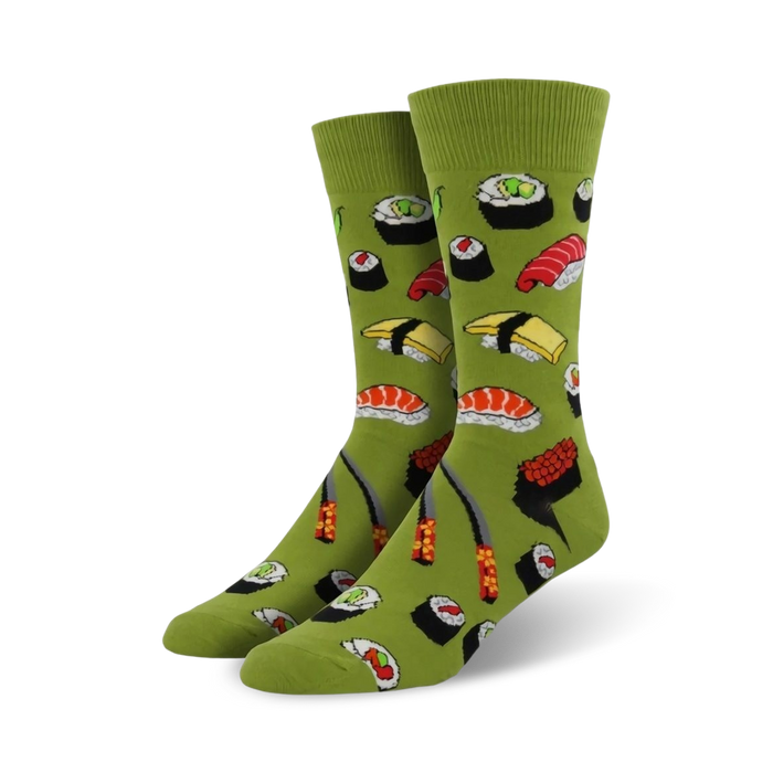 Lifestyle shot showing the green Sushi socks on a model's feet.