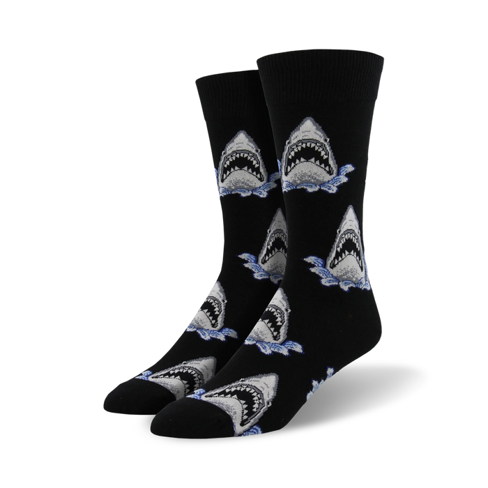 Lifestyle shot showing the black 'Shark Attack' socks on a person's feet, showcasing how they look when worn.