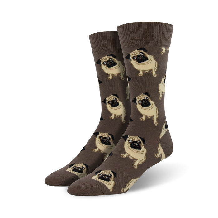 mens crew socks with pattern of standing pugs wearing pawsome expressions.  