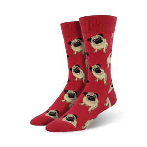 Close-up of red crew socks featuring a pattern of pugs. Fun and colorful!