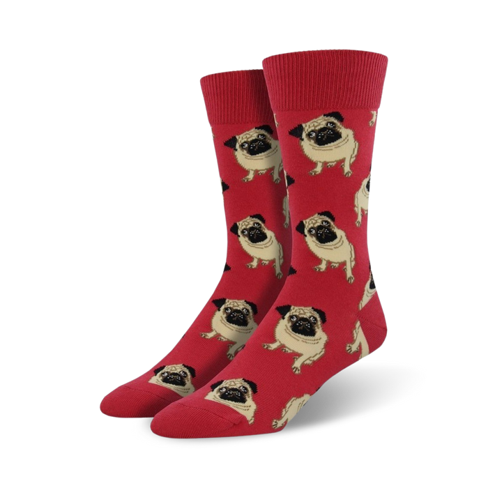 mens red crew socks adorned with brown, black and white pugs in various poses.   