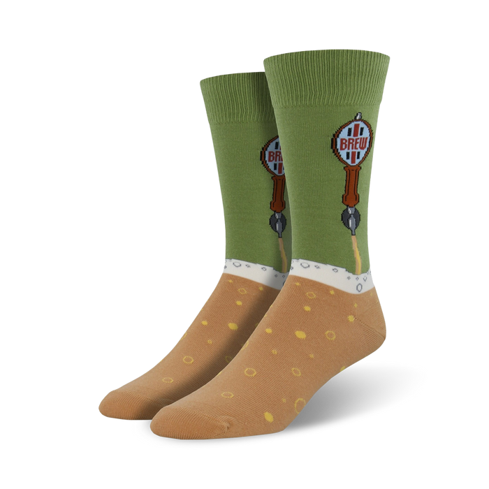 Lifestyle shot showing the green Beer Tap socks on a person's feet.