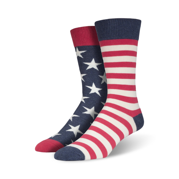 Pair of American Flag XL crew socks. One sock has navy blue stars on a white background; the other has red and white stripes. }}