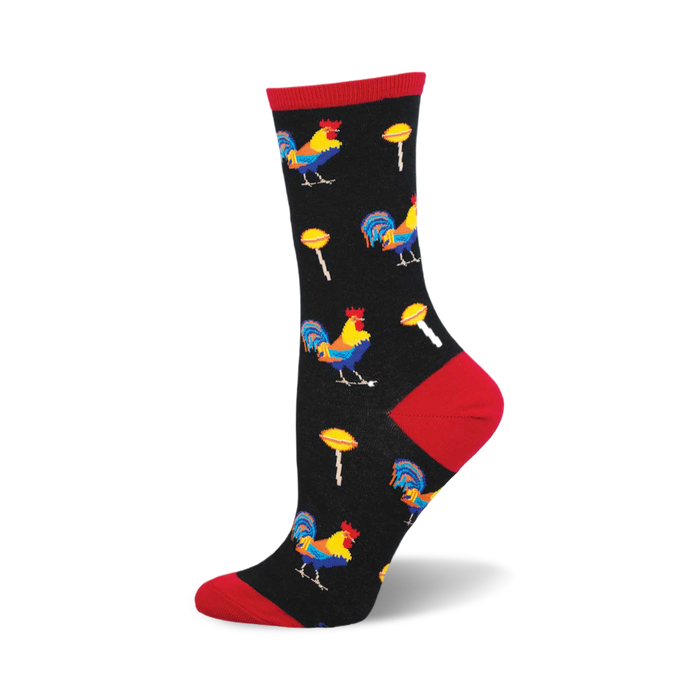 Crew socks in black with colorful rooster and lollipop designs. Red accents at the heel and toe. }}