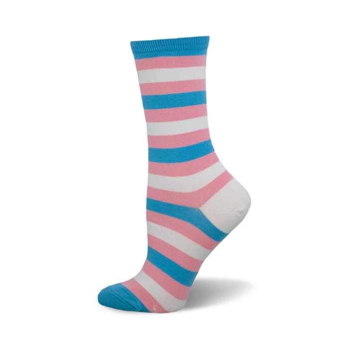 Close-up of a single crew sock in pink, white, and light blue horizontal stripes, representing the transgender pride flag. }}