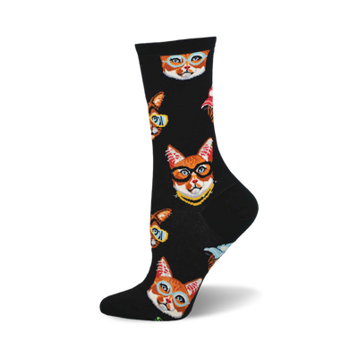 Crew socks in black with a repeating pattern of orange tabby cats wearing glasses.  Other cat breeds and small, colorful accents are also featured.