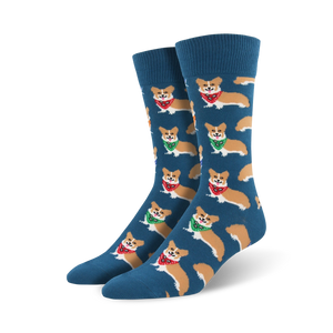mens blue crew socks with red, green, and blue bandana cartoon corgis.   