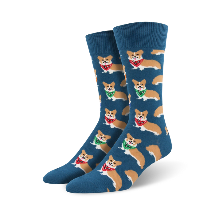 mens blue crew socks with red, green, and blue bandana cartoon corgis.   