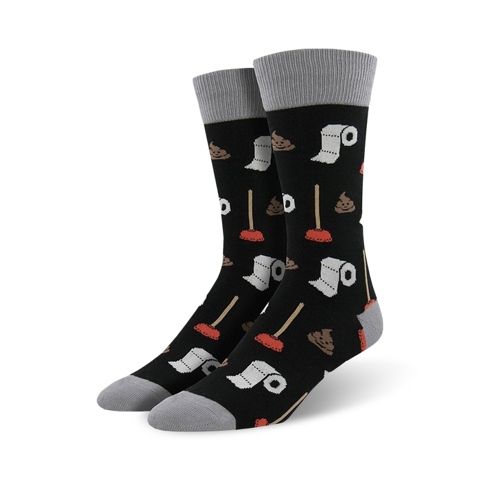 black crew socks with brown turds, red plungers, and grey toilet paper roll pattern. mens. funny theme.    }}