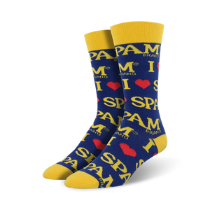 Crew socks in blue and yellow featuring a repeated 'I love Spam' design with the Spam logo.
