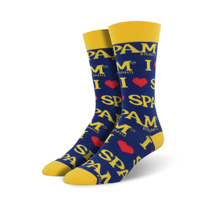 Crew socks in blue and yellow featuring a repeated 'I love Spam' design with the Spam logo.
