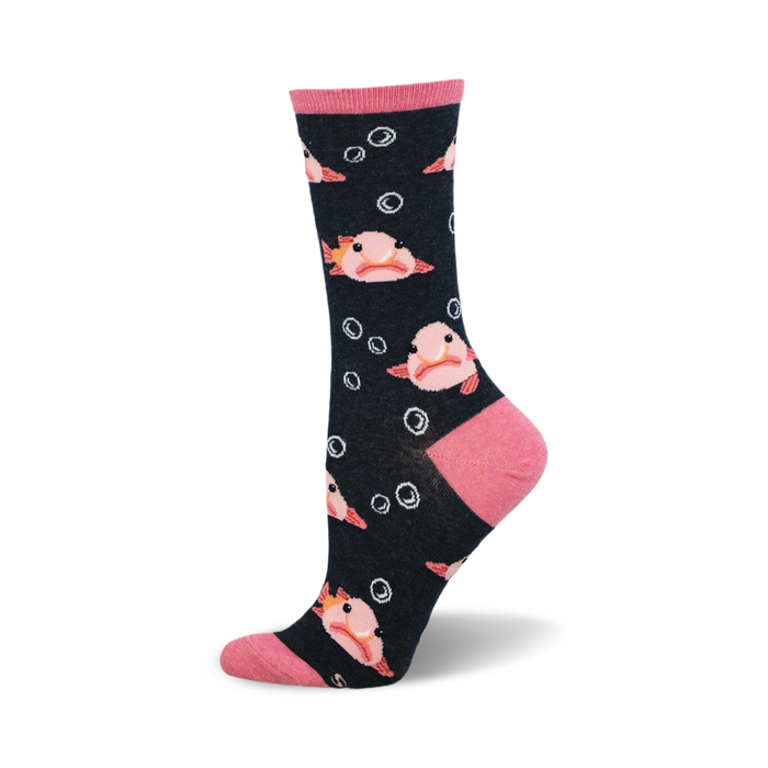 Crew socks in navy blue featuring a pink blobfish pattern and white bubbles. Pink heel and toe. }}