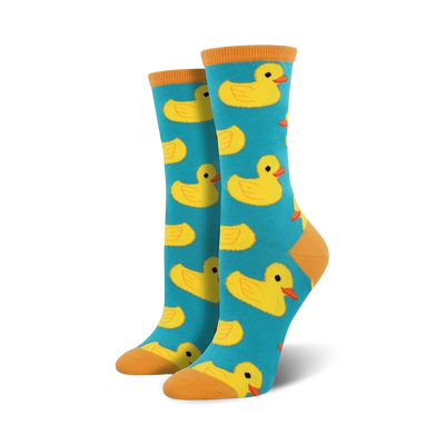 Pair of teal crew socks featuring a repeating pattern of yellow rubber duckies. Orange-yellow toe and heel.