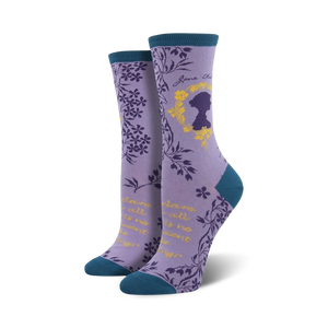 Pair of women's crew socks in purple and teal, showcasing a Jane Austen silhouette, floral details, and a literary quote.