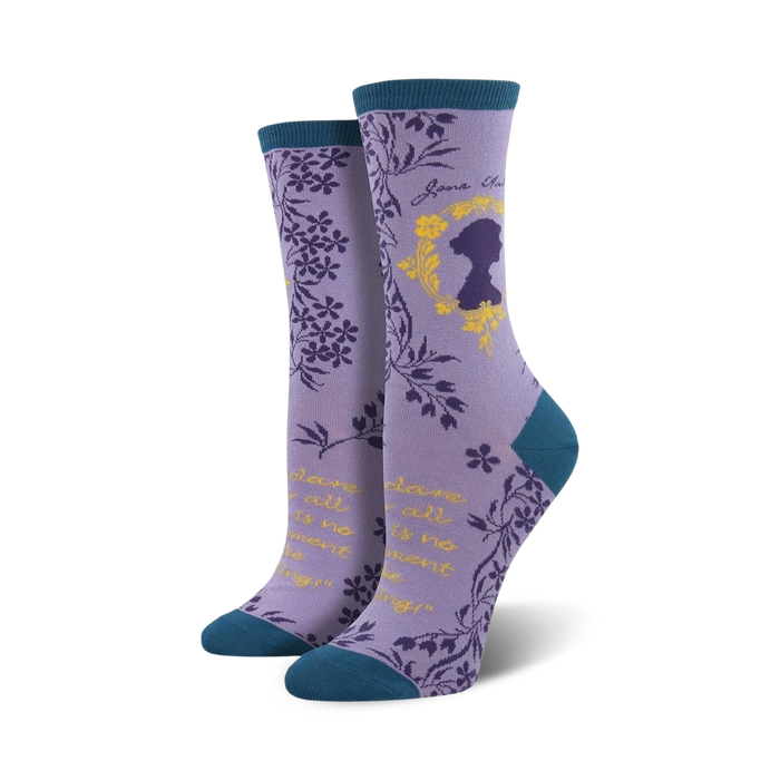 Pair of women's crew socks in purple and teal, showcasing a Jane Austen silhouette, floral details, and a literary quote.