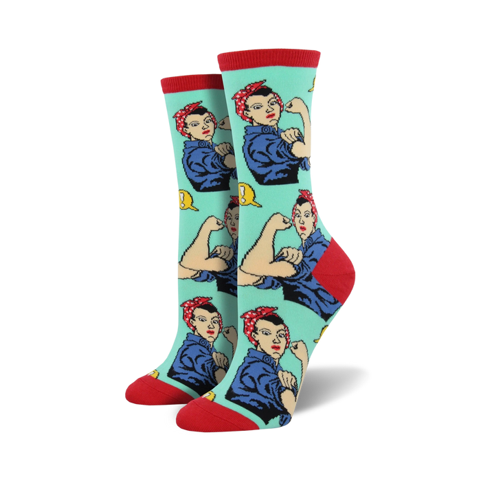 Flat lay showing all three colorways of the Rosie the Riveter socks.
