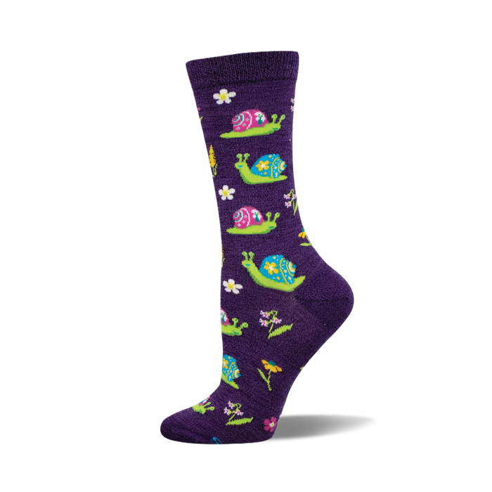 Purple crew socks with a fun pattern of colorful snails and wildflowers. }}